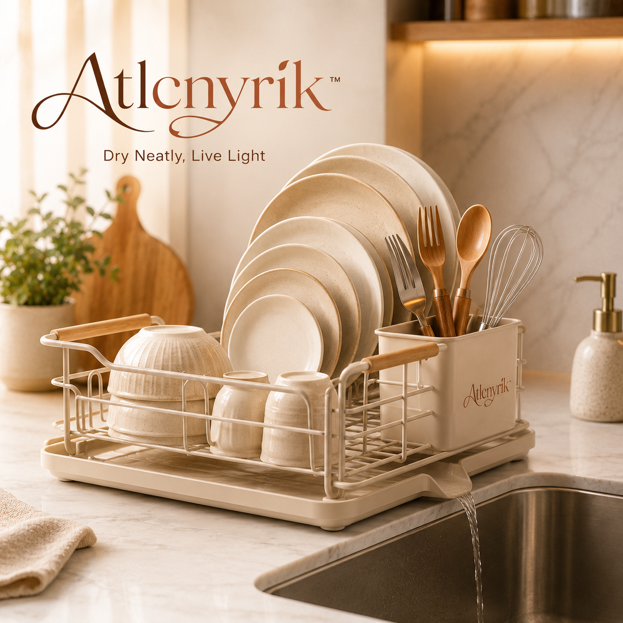 Atlcnyrik™ Compact Dish Drying Rack with Drainboard – Countertop Dish Drainer and Utensil Holder