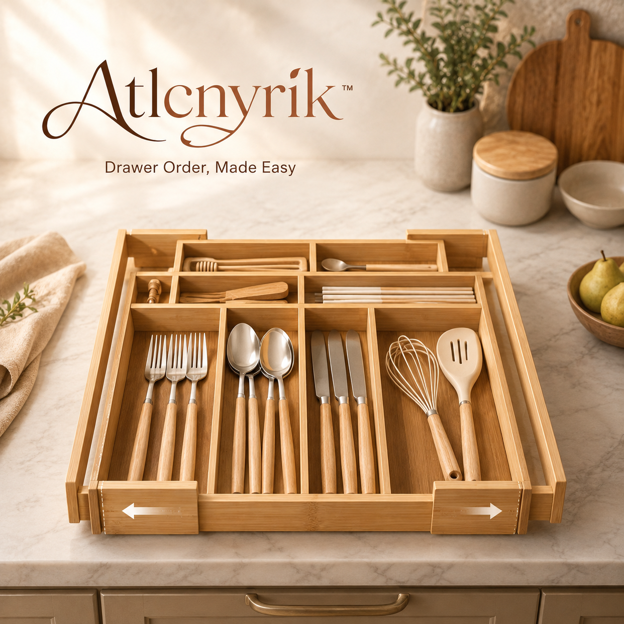 Atlcnyrik™ Expandable Bamboo Kitchen Drawer Organizer – Adjustable Cutlery and Utensil Storage Tray