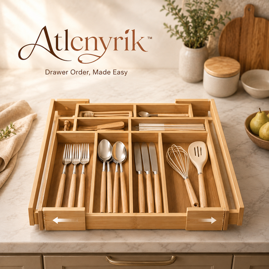 Atlcnyrik™ Expandable Bamboo Kitchen Drawer Organizer – Adjustable Cutlery and Utensil Storage Tray