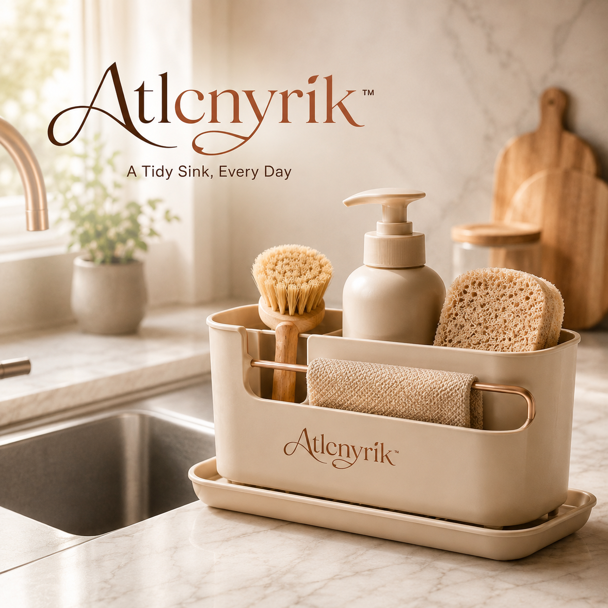 Atlcnyrik™ Kitchen Sink Caddy Organizer – Sponge, Brush and Soap Holder with Removable Drain Tray