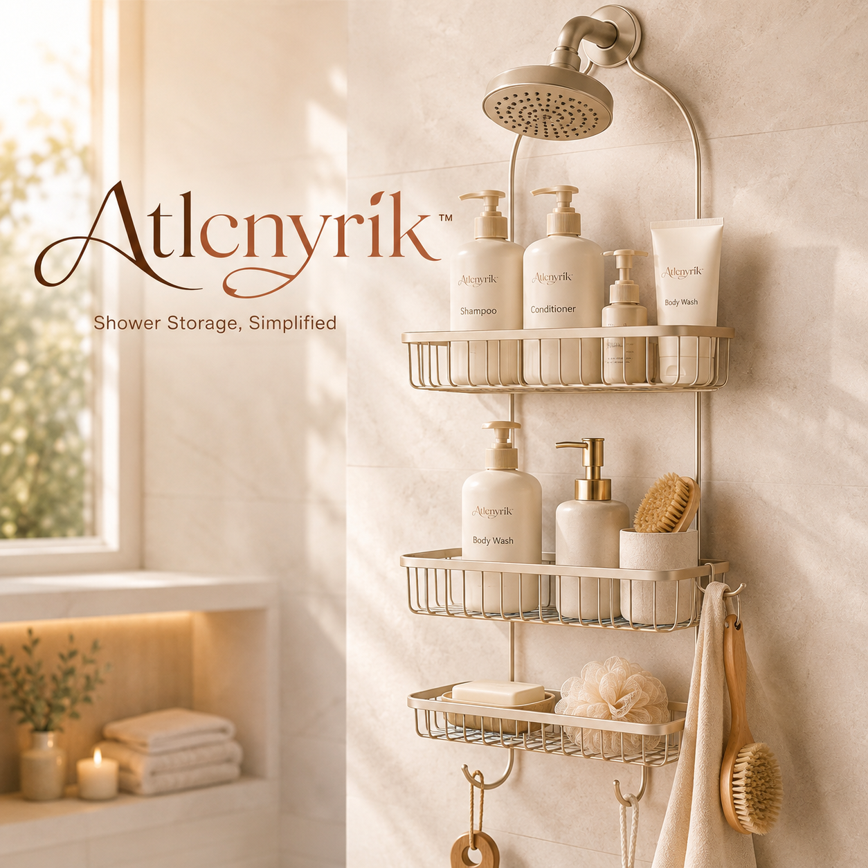 Atlcnyrik™ 3-Tier Over-the-Shower Caddy – Hanging Bathroom Organizer with Hooks and Soap Tray