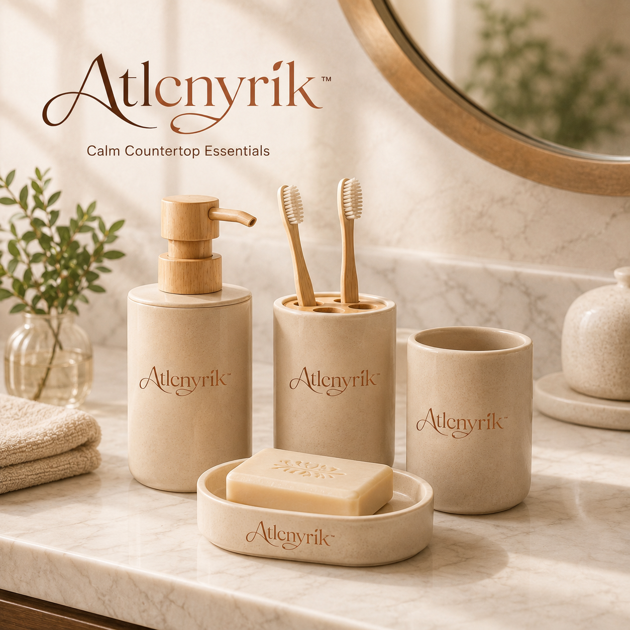 Atlcnyrik™ 4-Piece Bathroom Countertop Accessories Set – Soap Dispenser, Toothbrush Holder, Tumbler and Soap Dish