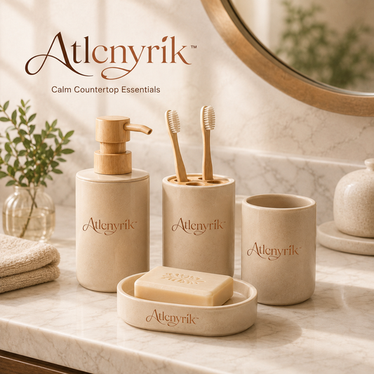 Atlcnyrik™ 4-Piece Bathroom Countertop Accessories Set – Soap Dispenser, Toothbrush Holder, Tumbler and Soap Dish